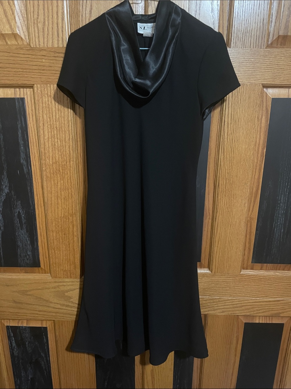 S.L. Fashions Black Satin Cowl-Neck Short-Sleeve Dress